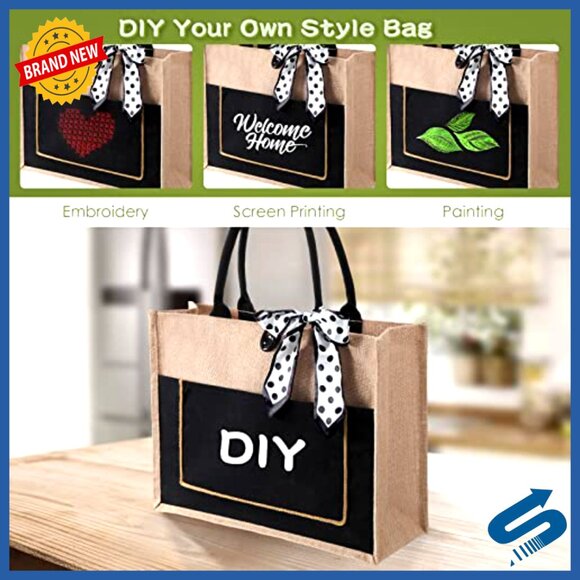 Large Jute Tote Bags with Handles Blank DIY Shopping Bags Bulk Set - Picture 4 of 7